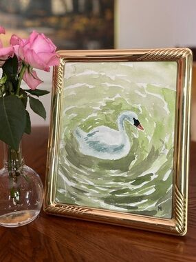 ☾ Original swan watercolor painting in a vintage brass frame
